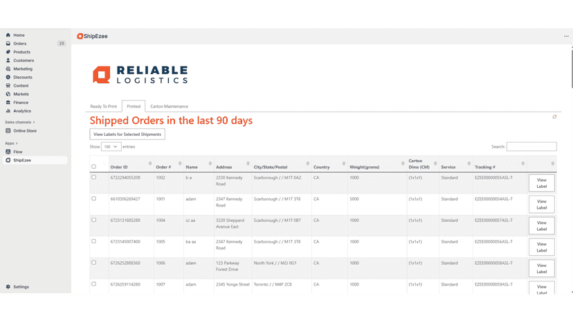 "Printed" tab shows all orders that have been printed
