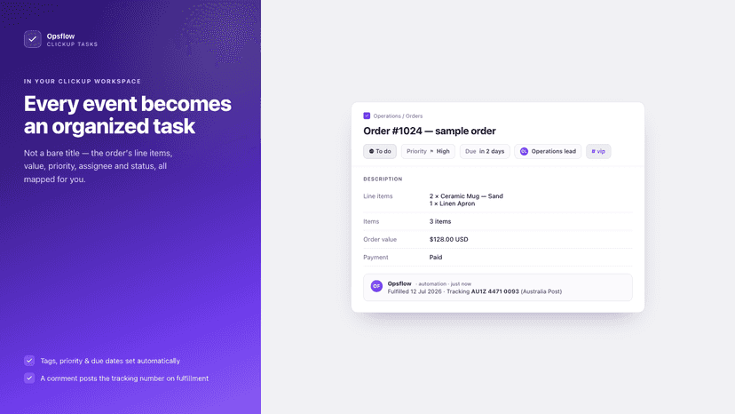 A ClickUp task created automatically from a Shopify order