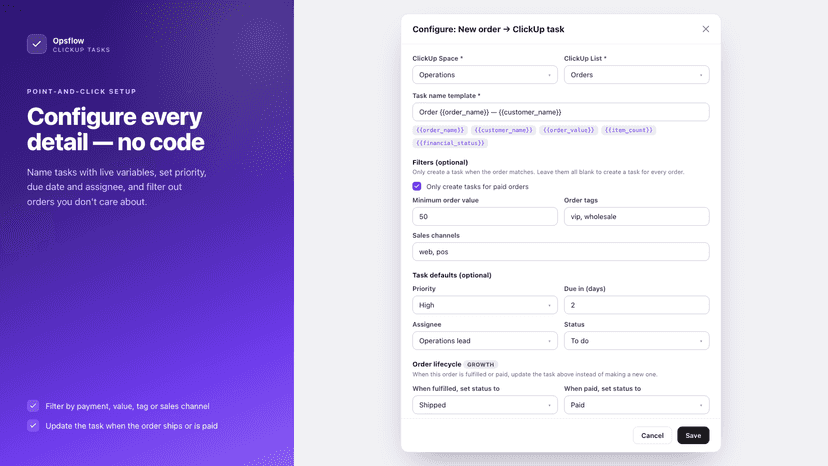 Configure task name, filters, defaults and order lifecycle