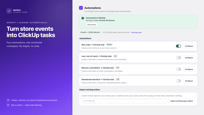 Automations for orders, refunds, low stock and checkouts
