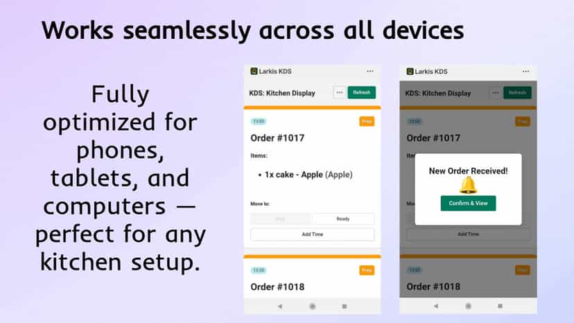 Larkis KDS mobile view showing orders on phone screens.