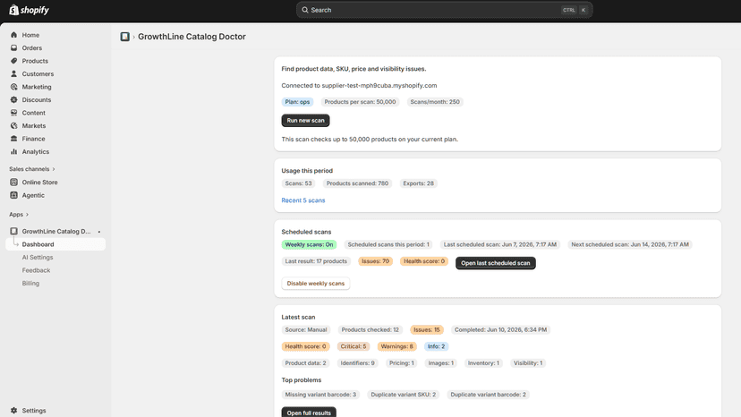 Dashboard with latest catalog scan and top issues