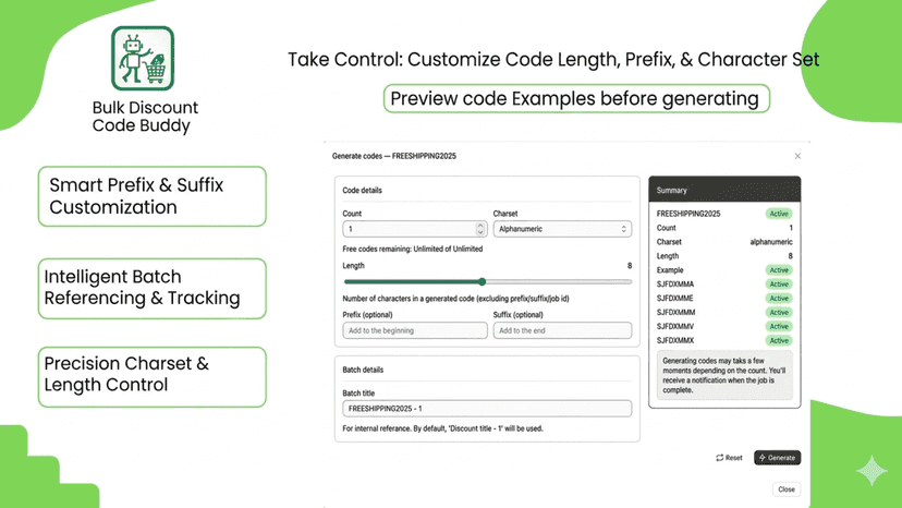 Customise code length, prefix and character set