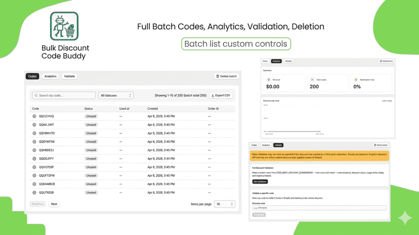 full batch codes, analytics, validation