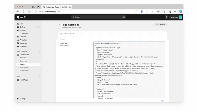 Page script settings – example