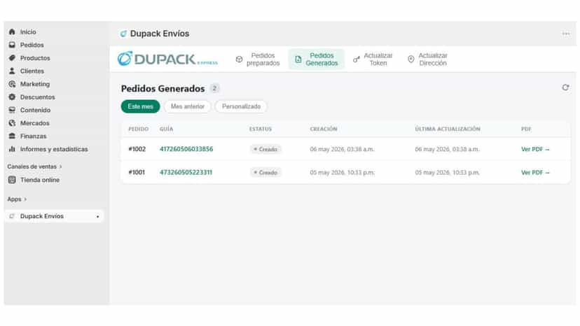 Lista de guías Dupack con número, estatus y enlace al PDF.