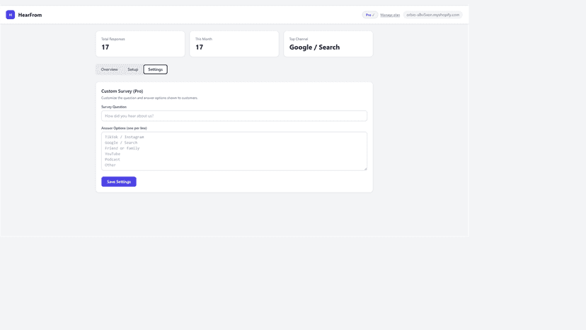 Settings tab: custom survey question and options (Pro)