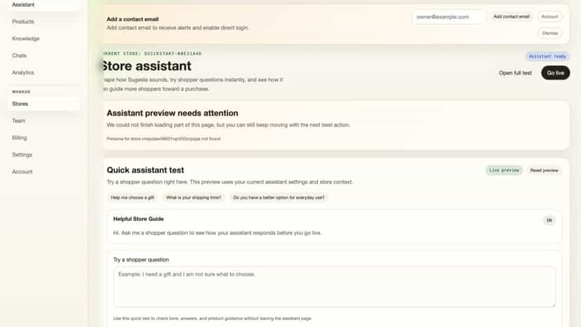 AI assistant settings and live storefront testing tools