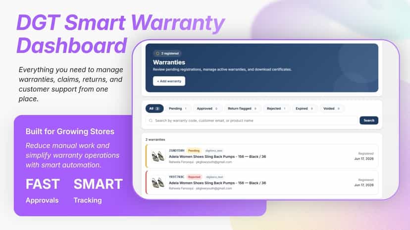 DGT Smart Warranty app dashboard with warranty and claims manage