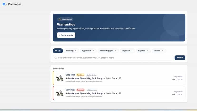 Customer warranty records and claim tracking panel