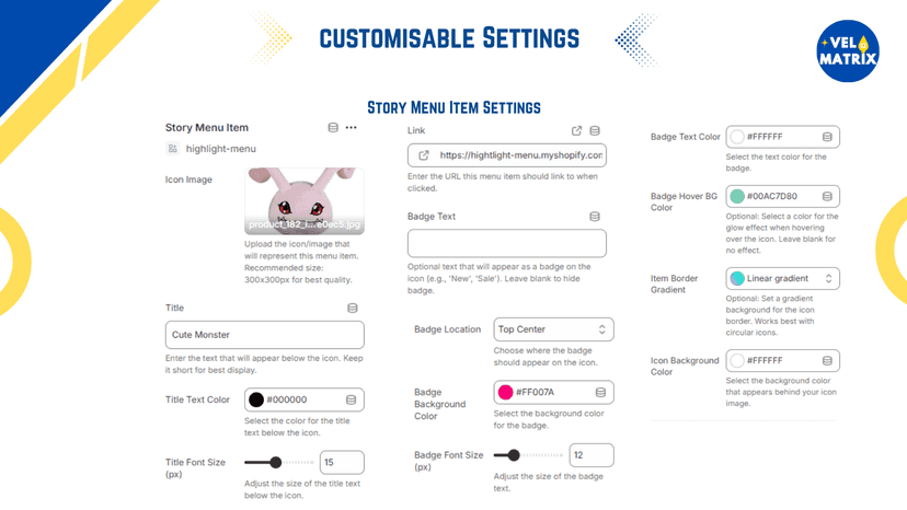 story menu item settings