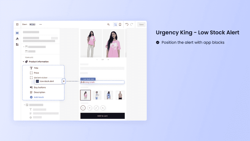 Use App blocks to position the low stock alert on product page