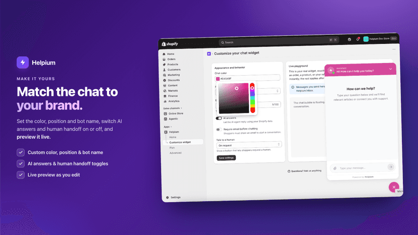 Customize Helpium chat color, position and bot name in admin