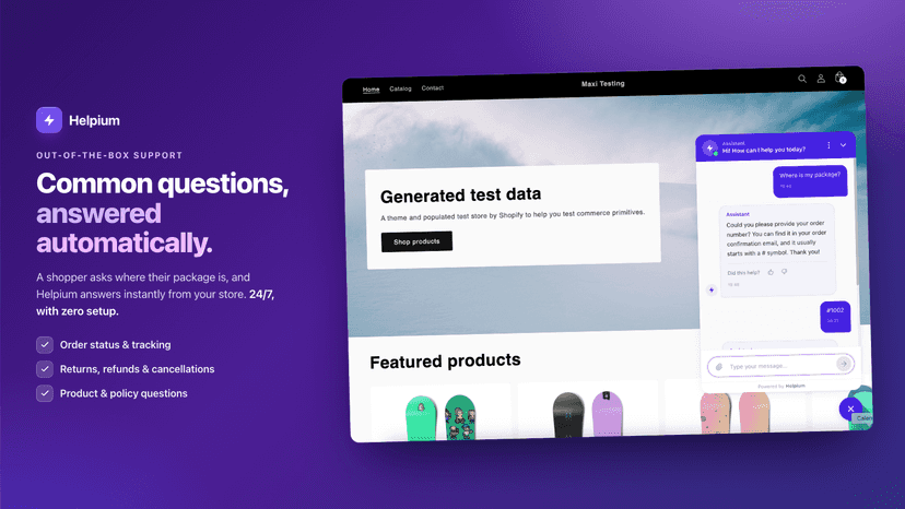 Helpium chat answering a shopper's order question on a store