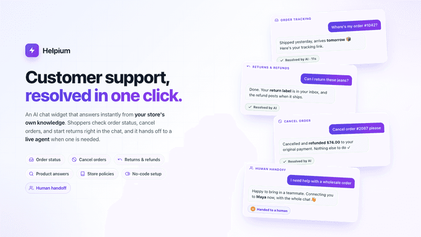 Helpium AI chat answering order, return and cancel questions