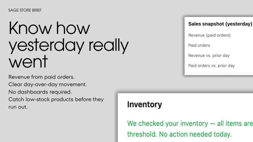 Sales snapshot and low-stock alerts in one email