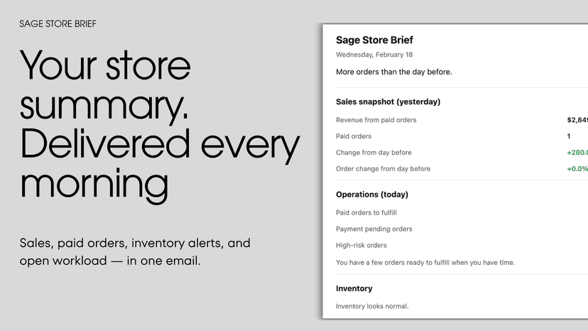Daily store briefing email with sales and inventory summary