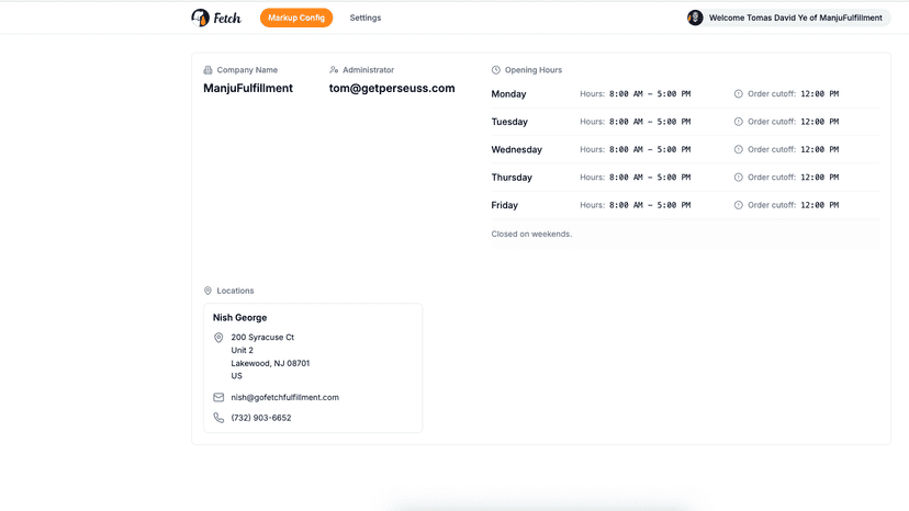 Configuration page for warehouse location and opening hours