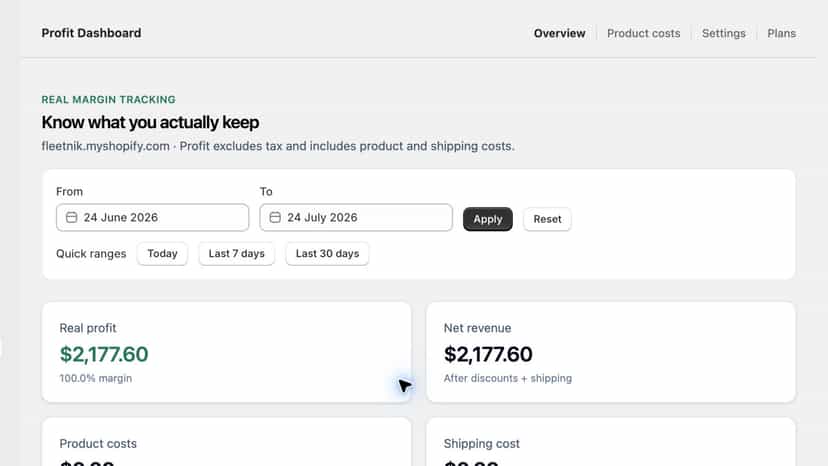 Profit overview with revenue, costs, discounts, and margin