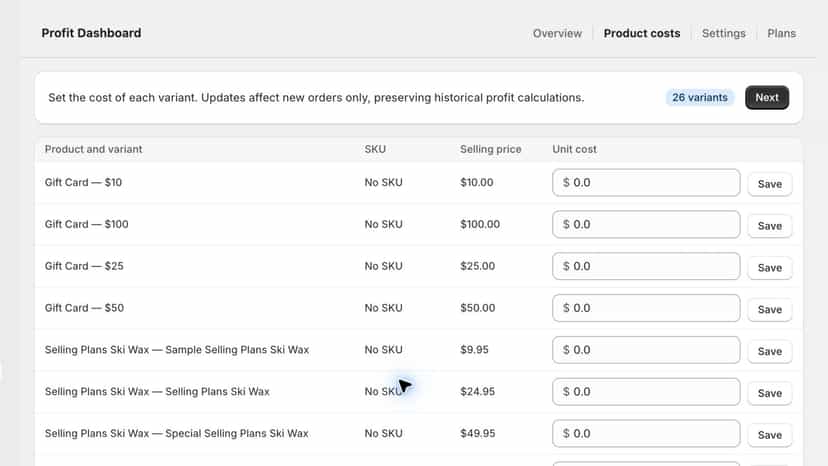 Product cost list with selling prices and editable unit costs