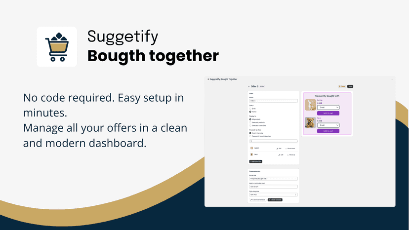 Suggestify Bought Together dashboard showing no-code