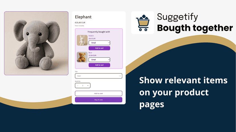 Elephant plush product page with suggested items displayed