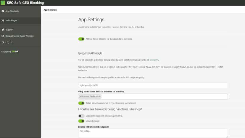 Settings page (in Danish)