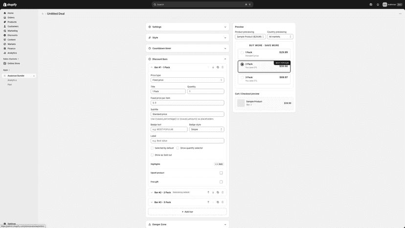 Deal editor with quantity tiers and pricing options