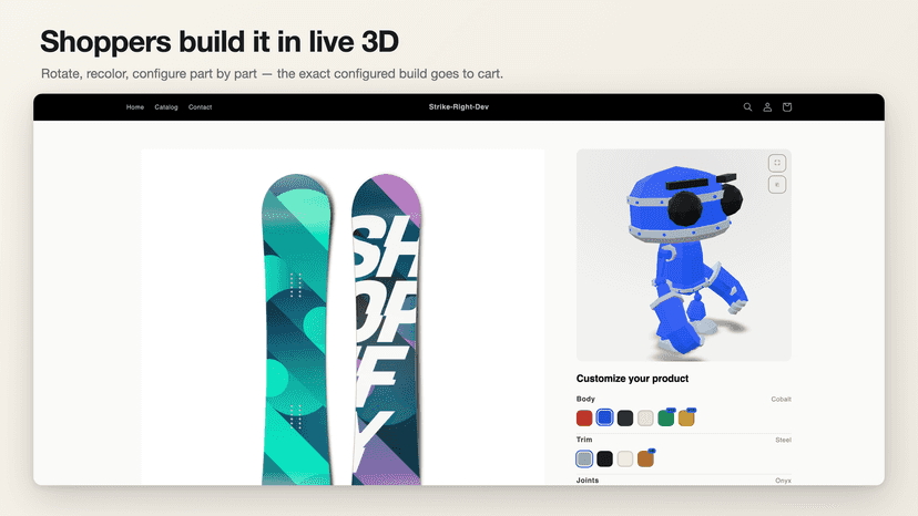 Storefront: live 3D model with color swatches on the page