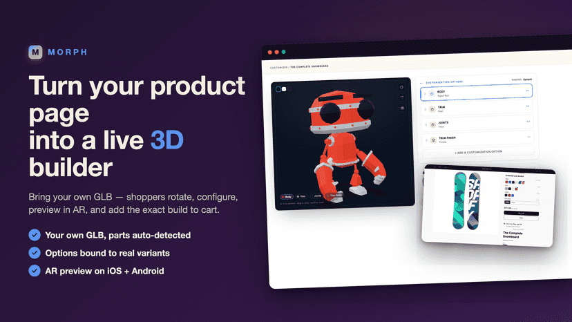 A live 3D product builder on a Shopify product page