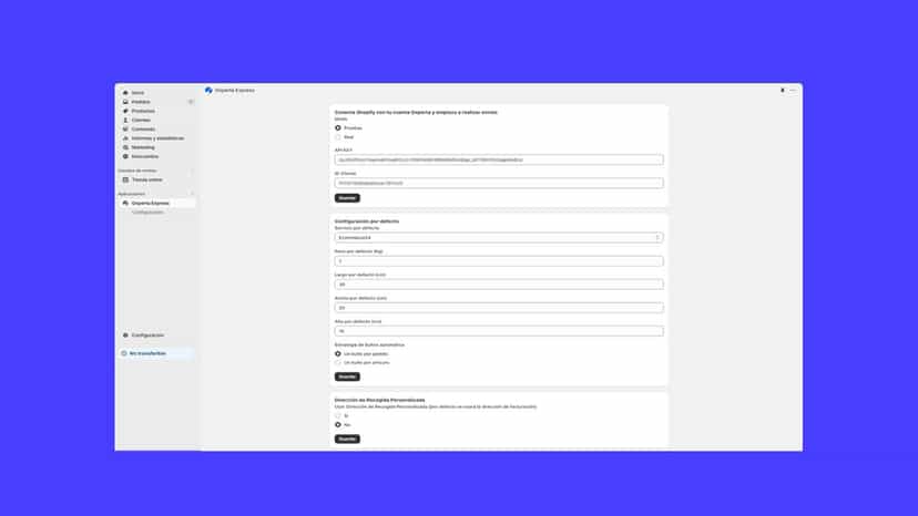 Pantalla de configuración de Oxperta Express