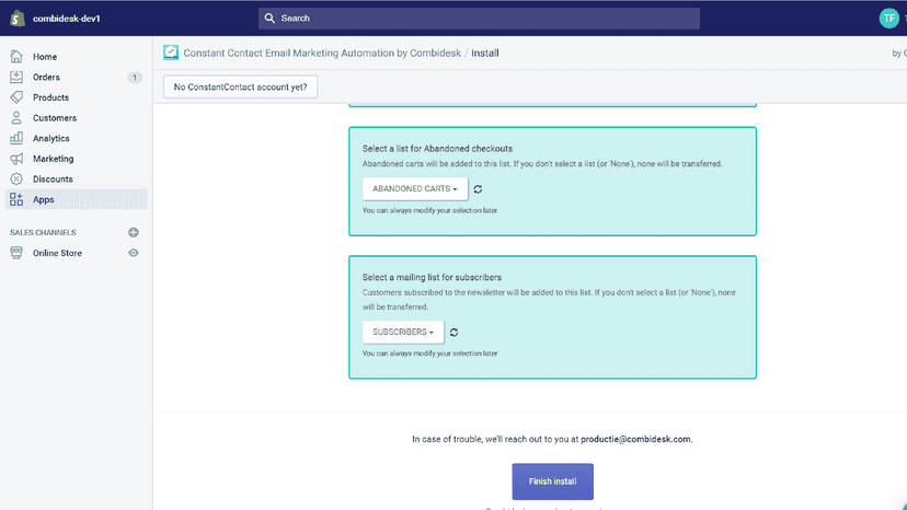 Shopify Constant Contact - Select Lists and Finish Install