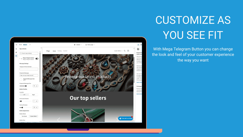 Customization options for Mega Telegram Button in Shopify admin