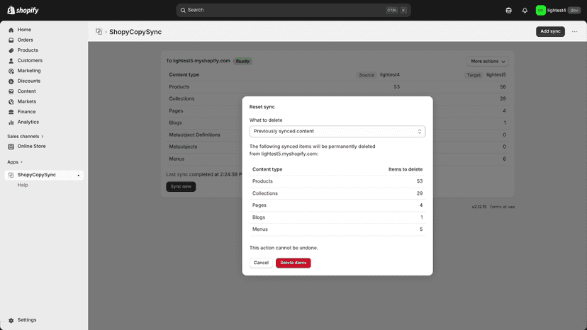 Reset sync — choose what to remove from the target