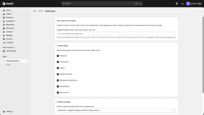 Add a sync: target store address and content types