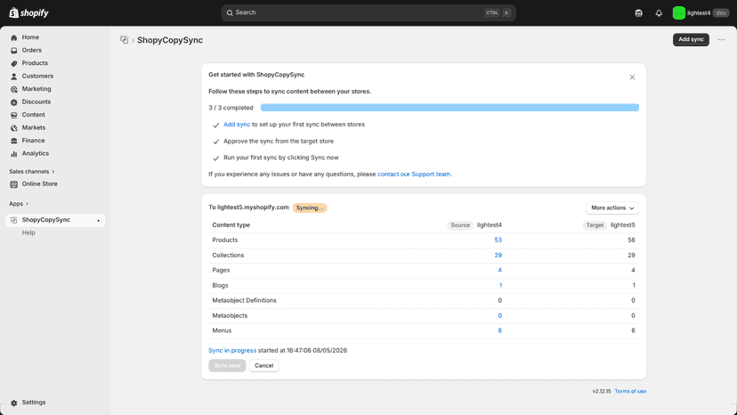 Sync in progress with status badge and one-click cancel