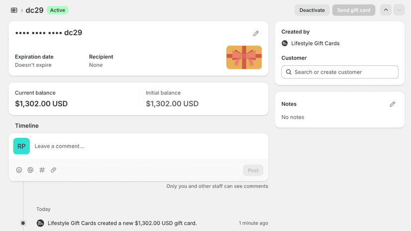 Gift card detail page showing balance, timeline, and actions.
