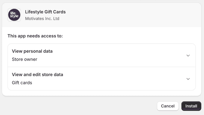 App permission screen showing data access and install options