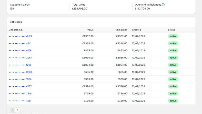 Dashboard listing issued gift cards with values and status