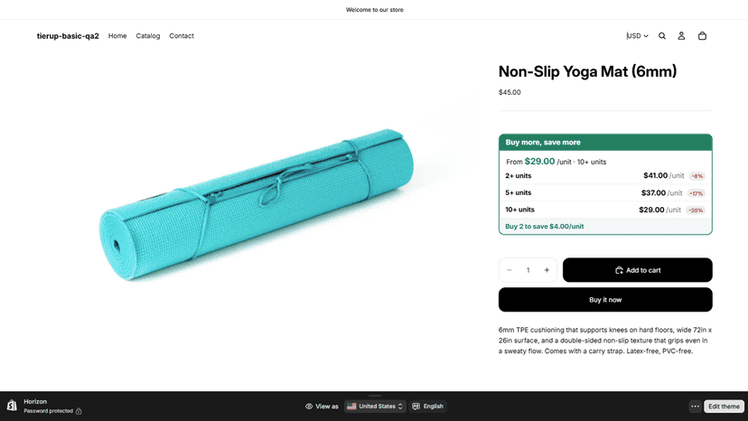 Product page tier table and live savings nudge on yoga mat