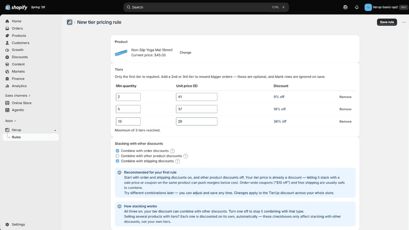 TierUp rule editor with three quantity tiers filled in