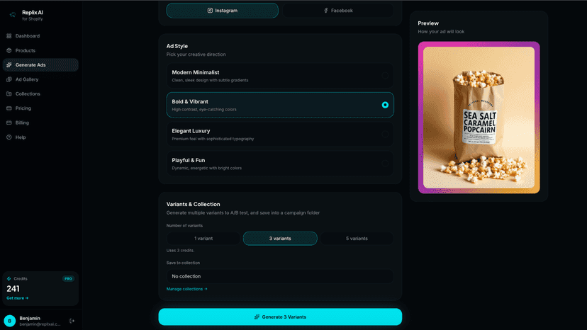 Create AI ad creatives with custom styles and previews