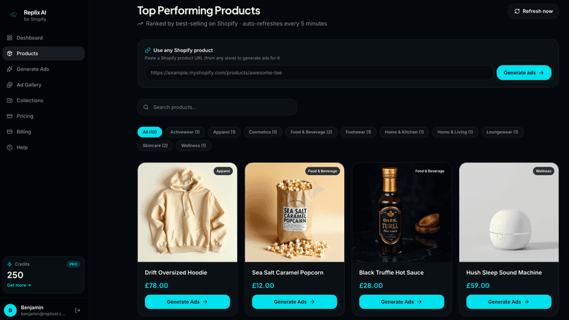 Browse products and generate AI ads in one click