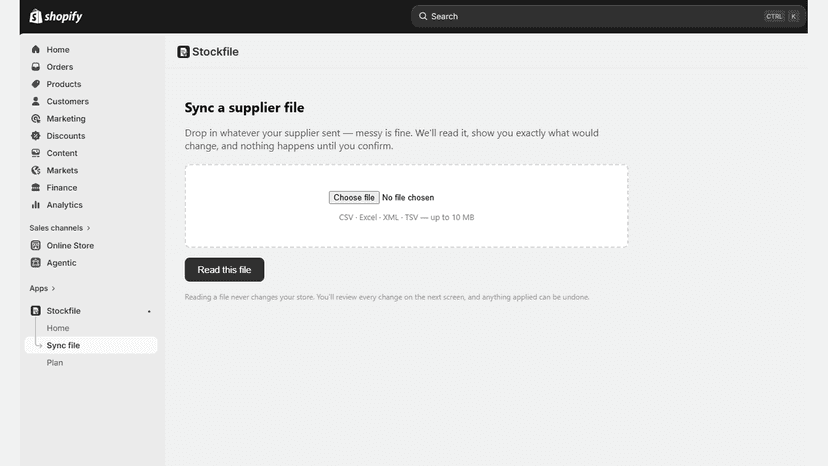 Stockfile upload: drop any supplier file — CSV, Excel or XML