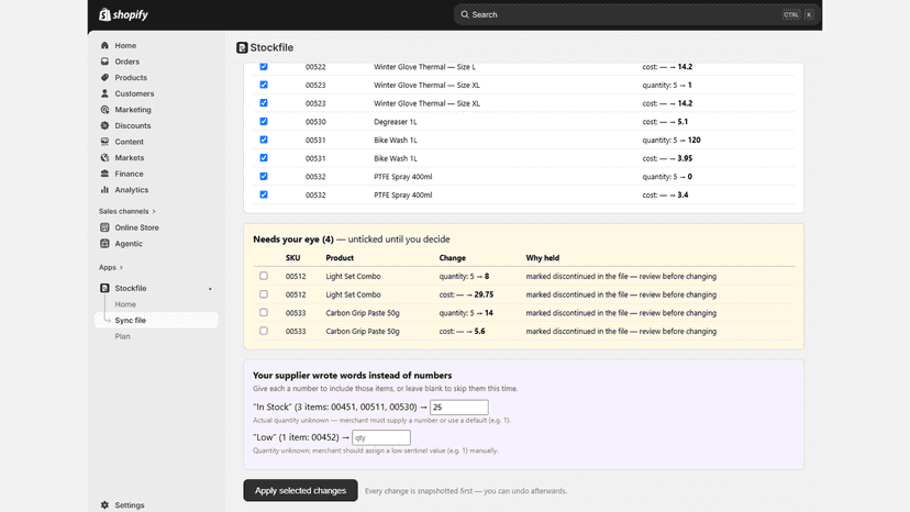 Stockfile review: before-and-after stock changes detail