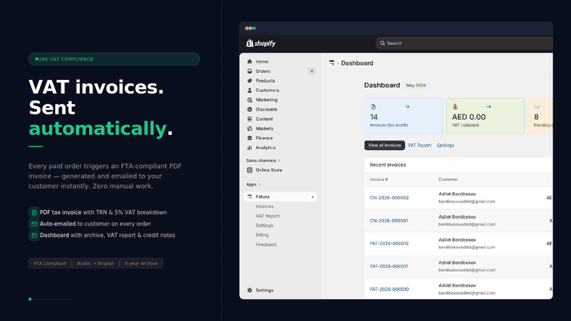 Fatura dashboard showing invoices, VAT collected, and recent inv