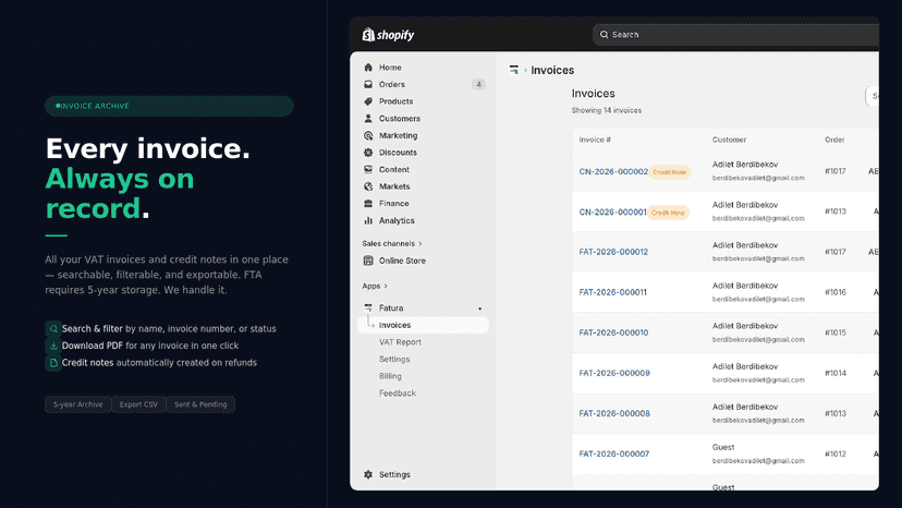 Invoice archive showing all VAT invoices with statuses, search,