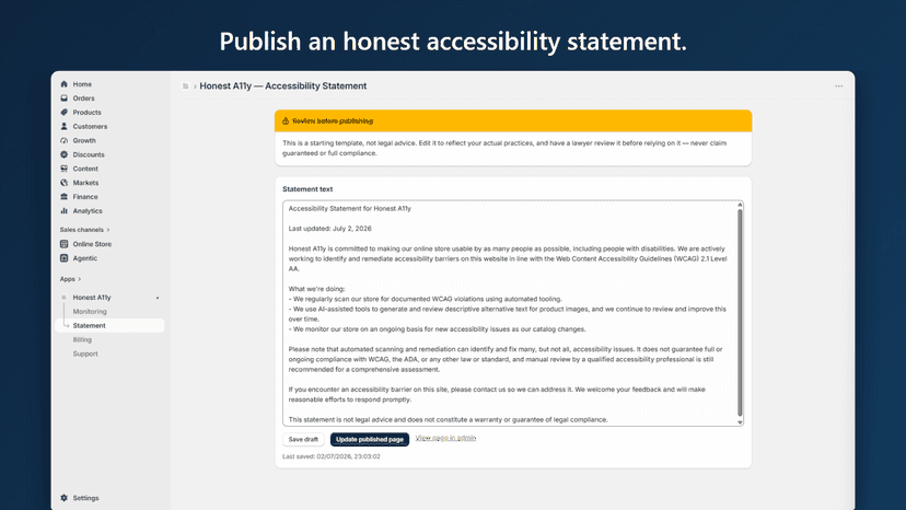 Accessibility statement editor with publish to store button