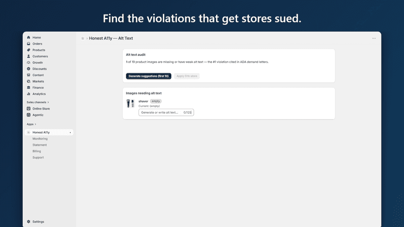 Alt text audit page showing a flagged product image violation