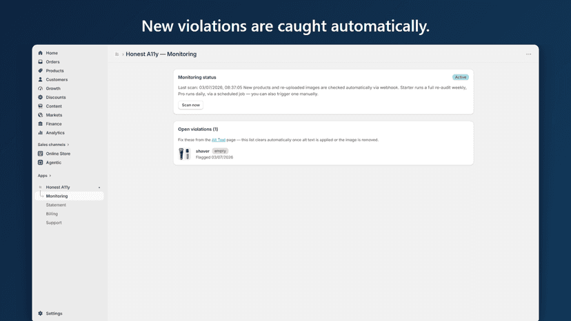Monitoring page showing an open violation caught automatically